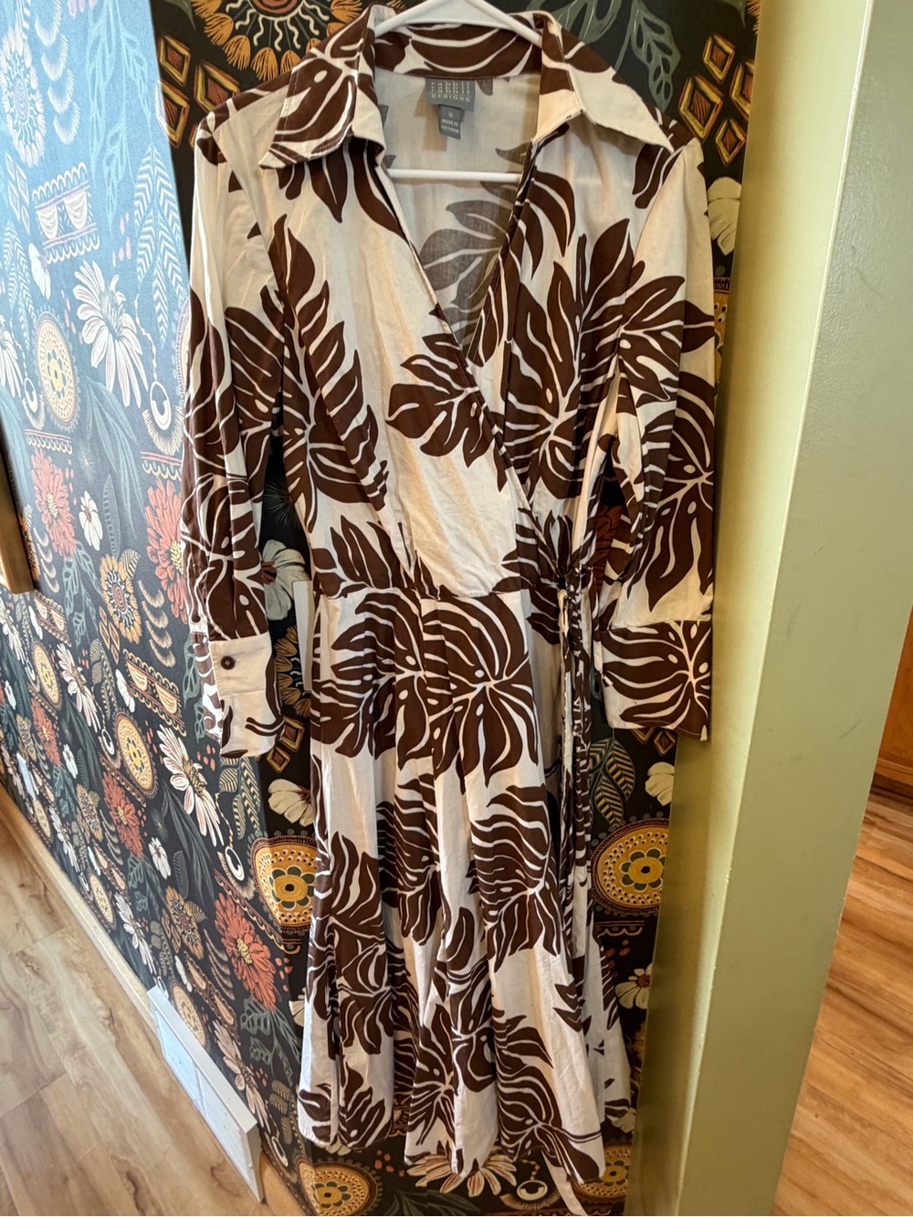 Rabbit Rabbit Rabbit Cream and Brown Leaf-Print Midi Wrap Dress